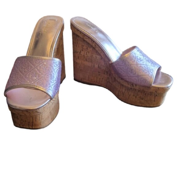 Guess Size 7 Womens Cork Platform Wedge Heels with Pink Sparkle Logo - Picture 4 of 8